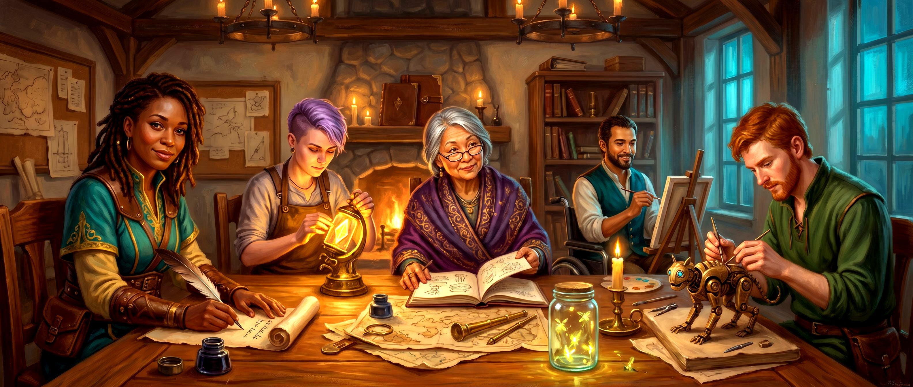 Five diverse creative entrepreneurs — women, men, nonbinary, varied ages and abilities — working together in a warm magical workshop