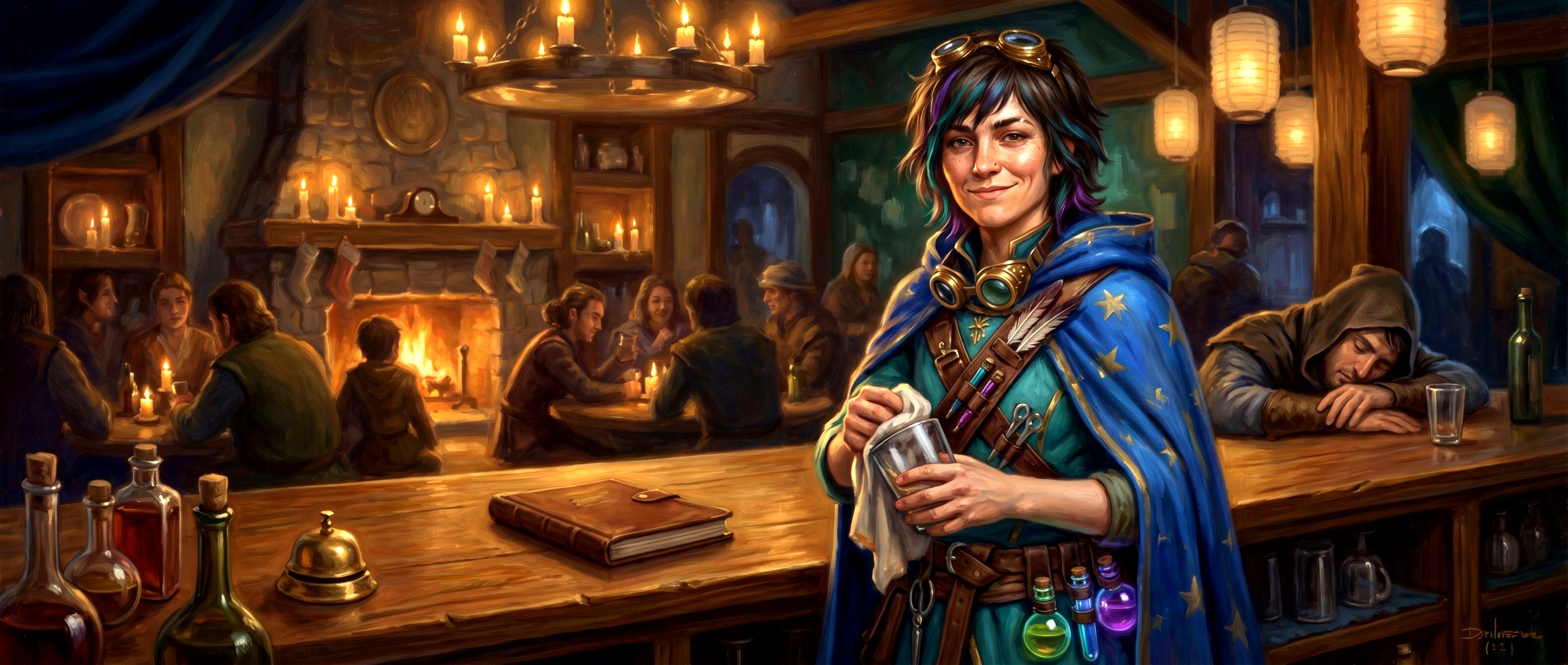 The Bartender — RJ Redden's brand avatar, a nonbinary worldbuilder with teal-and-purple-streaked hair, brass goggles, blue cape, and a bandolier of tools