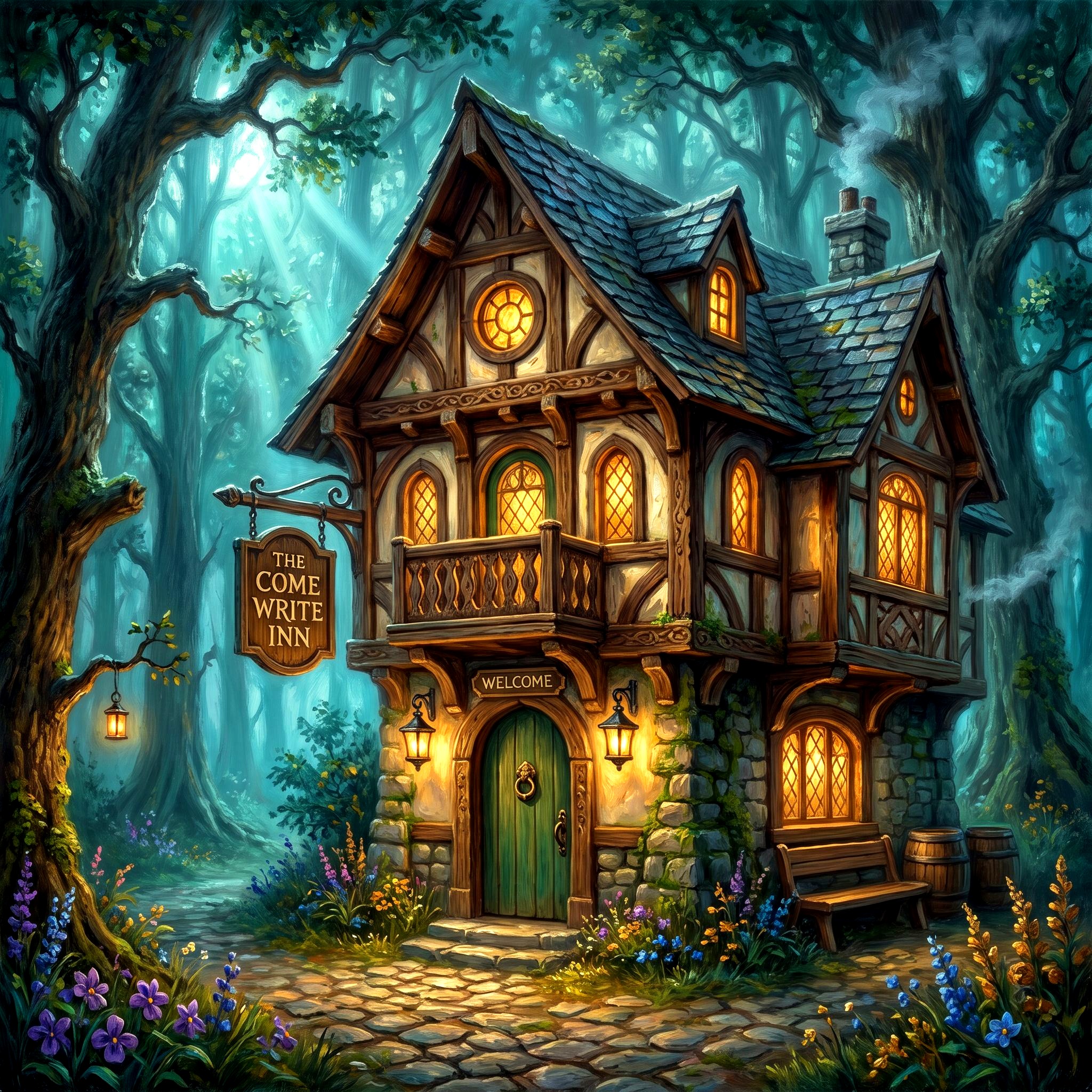 The Come Write Inn — a magical multi-story tavern nestled in an enchanted twilight forest