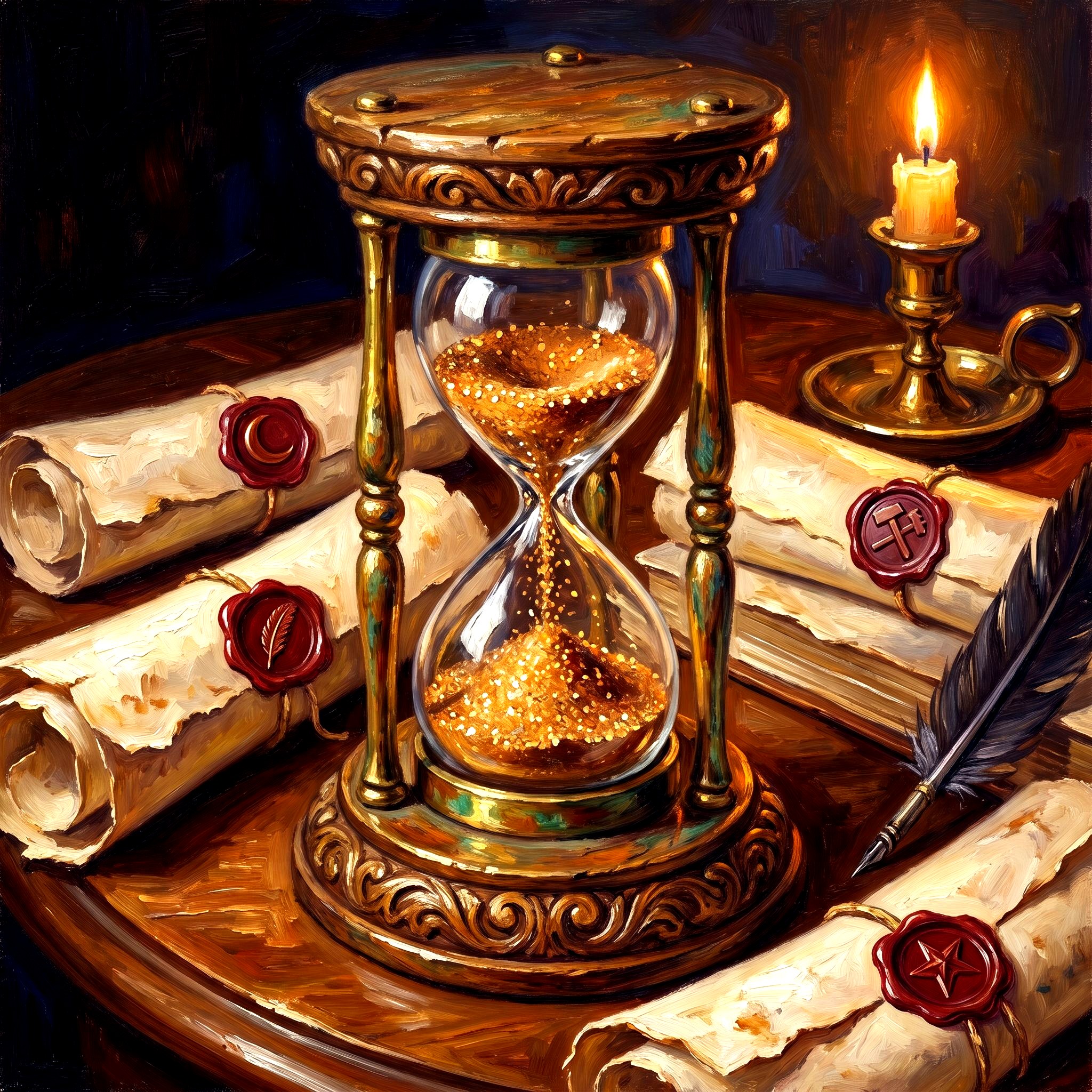 An ornate brass hourglass with sand suspended mid-flow, surrounded by parchment invitations sealed with red wax