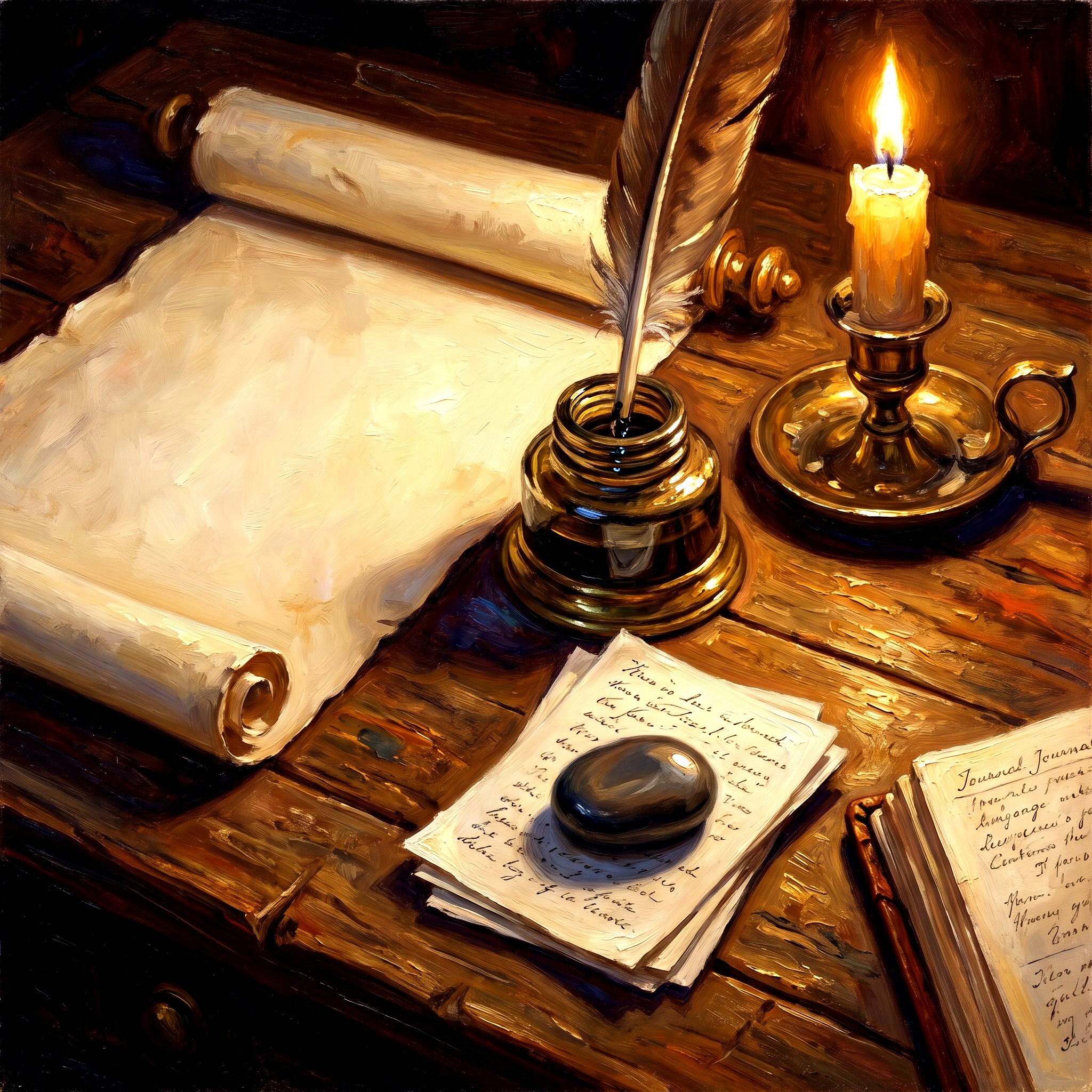 A blank parchment scroll on a writing desk with a feathered quill in an inkwell, candlelight, finished pages held by a river stone