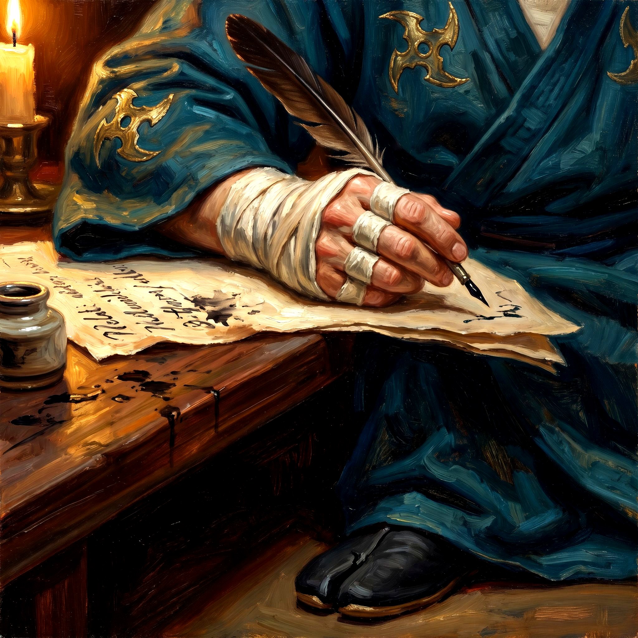 A teal-and-gold-robed writing ninja with finger-wraps holding a quill mid-stroke, a tabi-shoe peeking from the robe