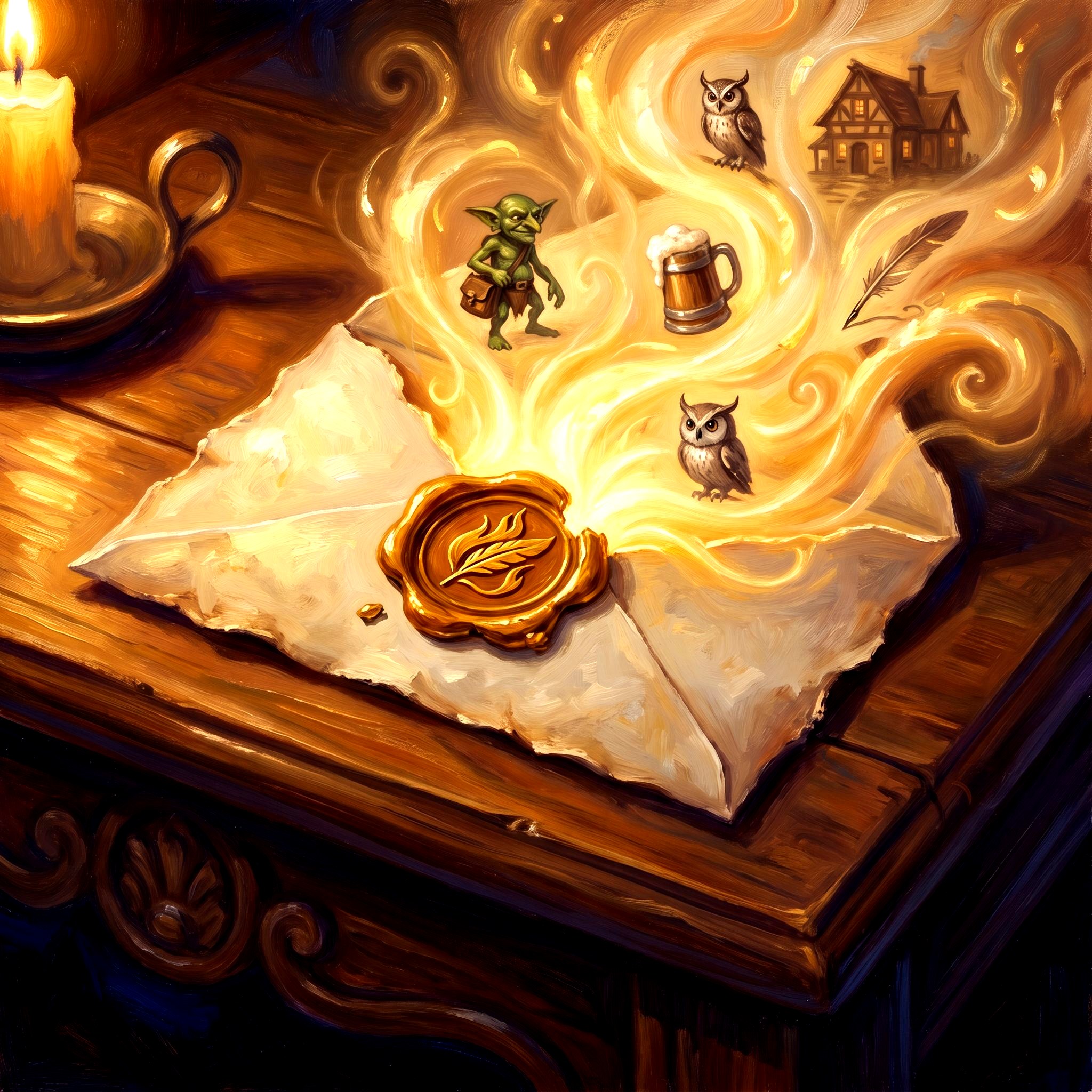 A wax-sealed envelope with golden light spilling from the seam, tiny illustrated scenes dancing out in painterly swirls