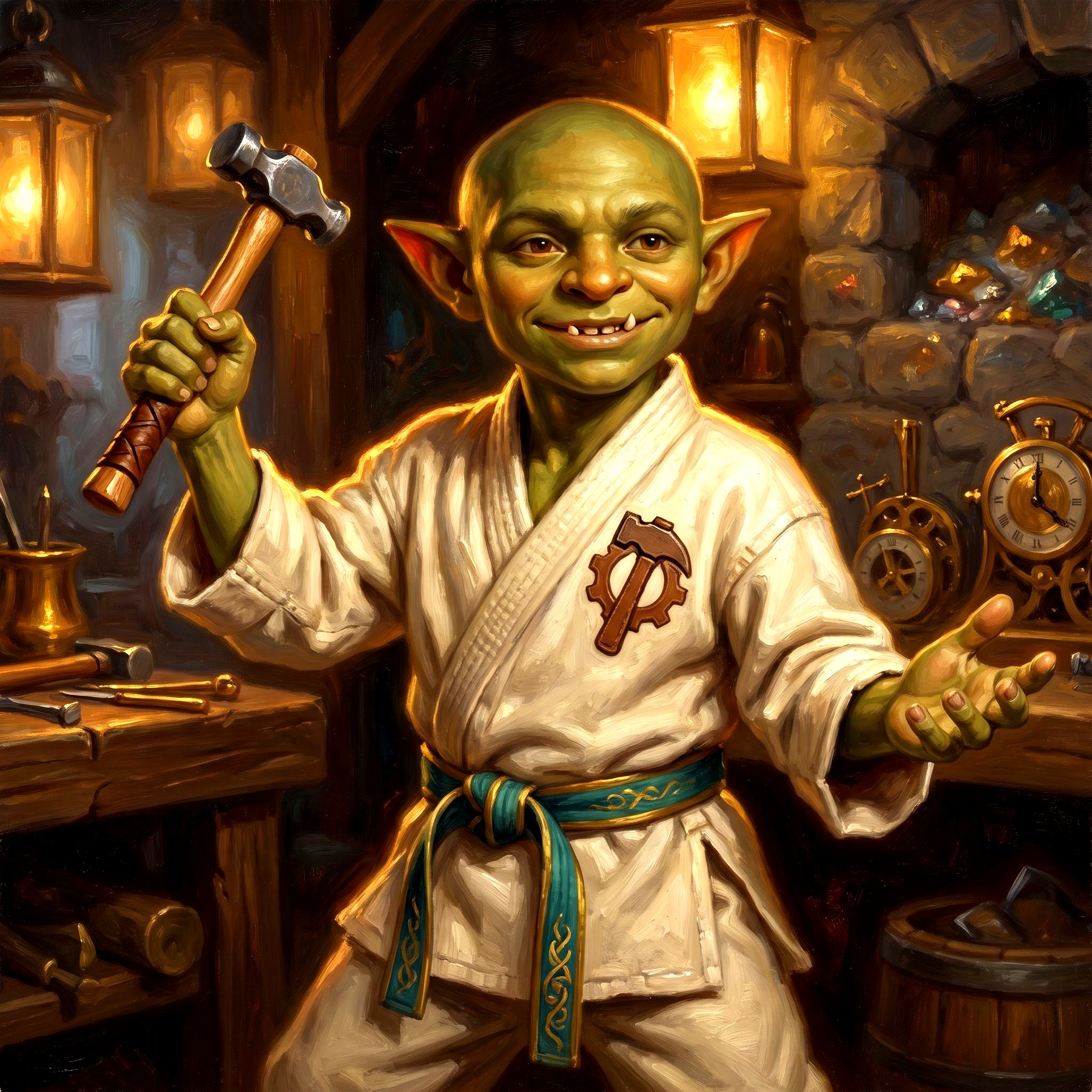 A young goblin apprentice in a martial-arts gi with a teal-and-gold obi belt, holding a small forging hammer in a teaching gesture