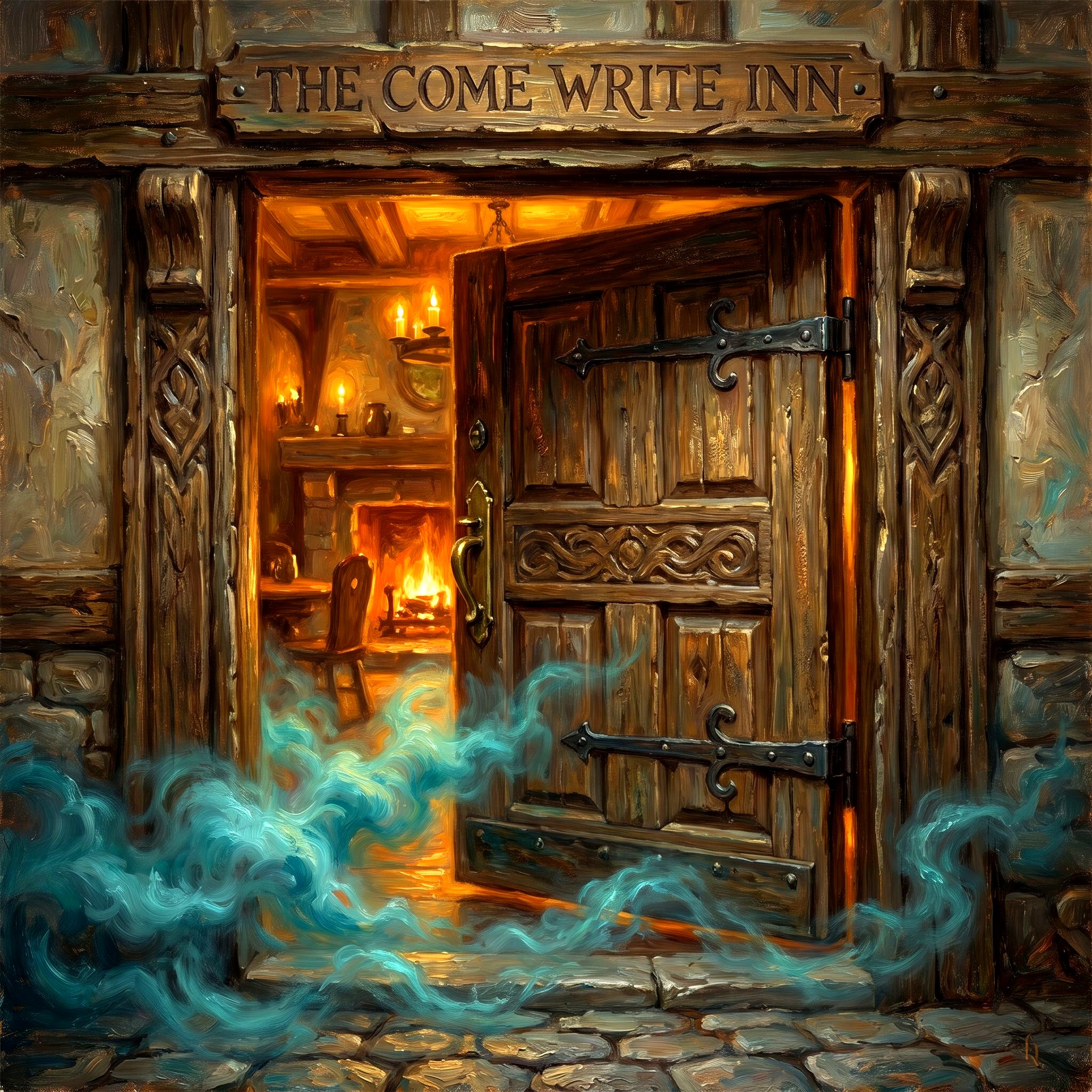 A heavy oak doorway slightly ajar with cool teal magical mist swirling at the threshold, warm light spilling from inside