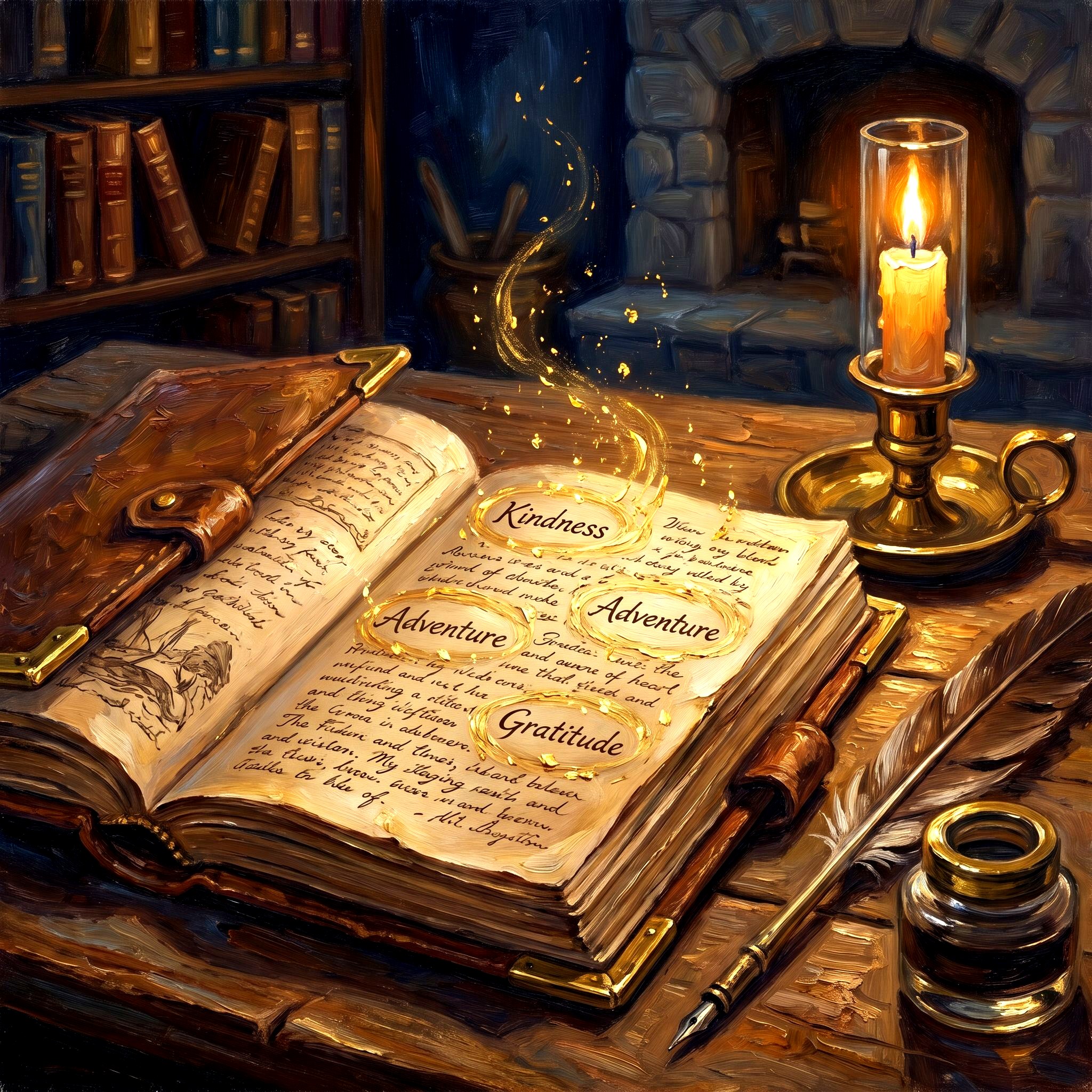 A leather-bound journal open to handwritten entries with tiny golden sparkles rising from the page, quill and candle nearby