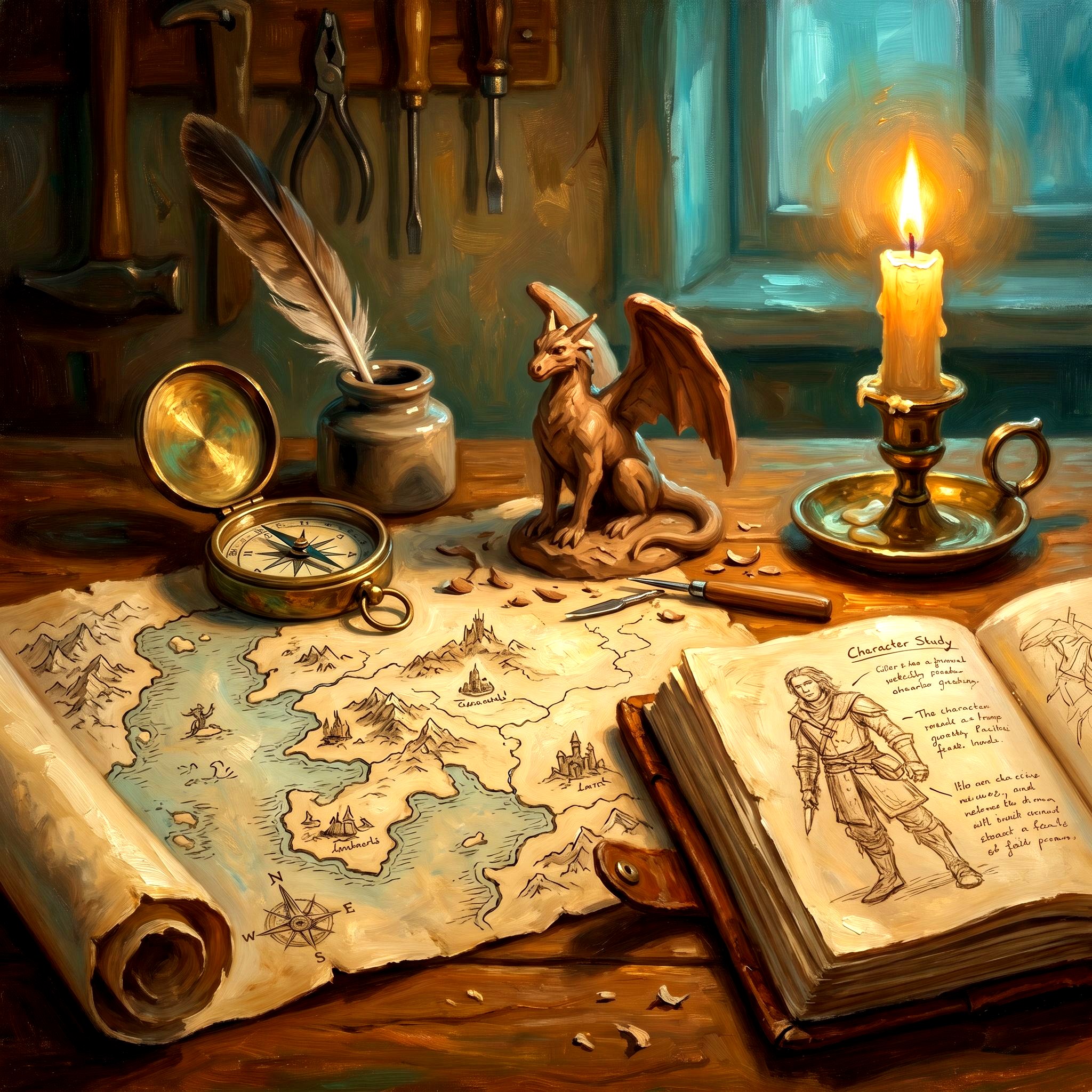 A worldbuilder's table — parchment map, brass compass, ink pot with quill, candle, half-built figurine and notebook