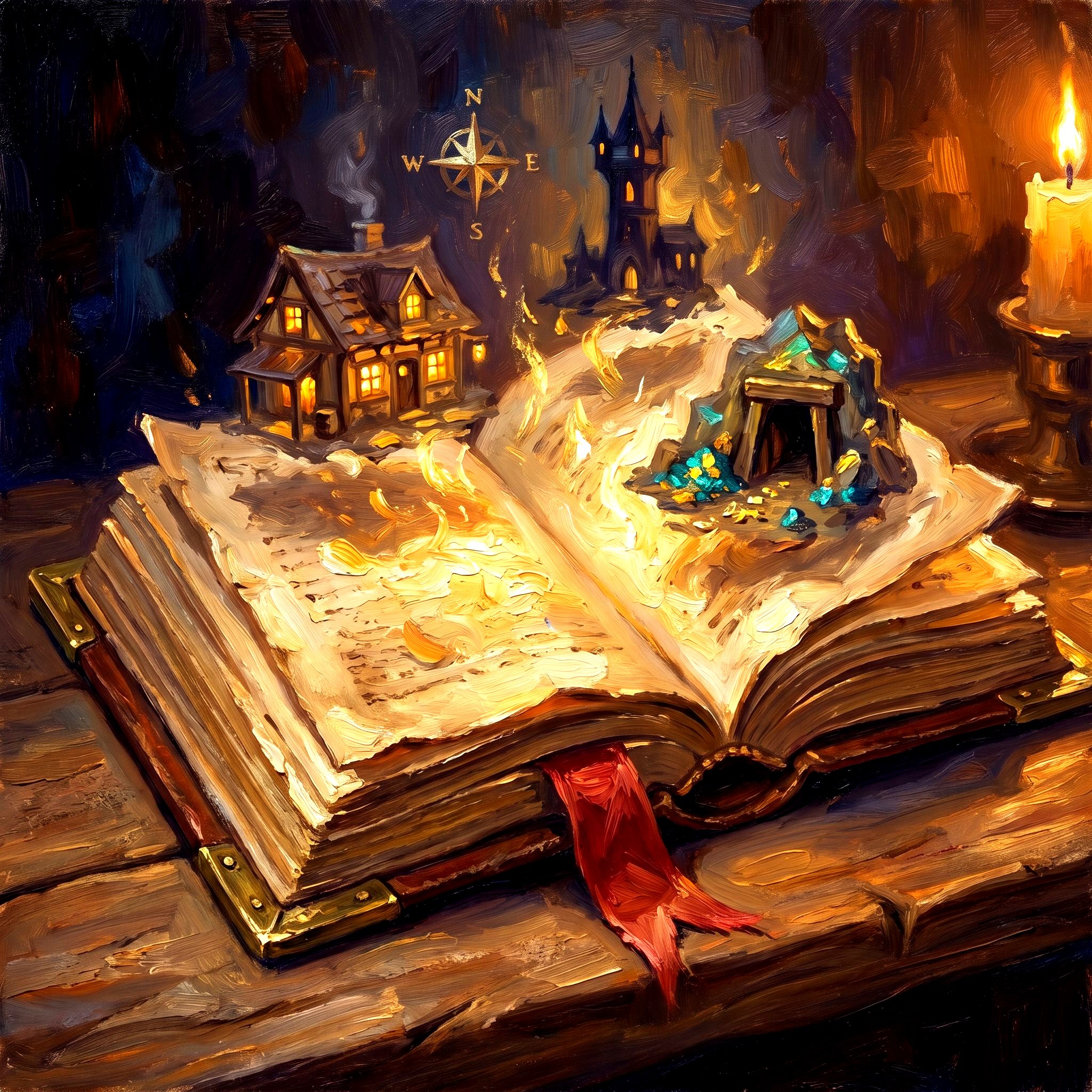 A leather-bound illustrated book open with golden light spilling from the pages and tiny floating worlds — a miniature tavern, mine, and tower