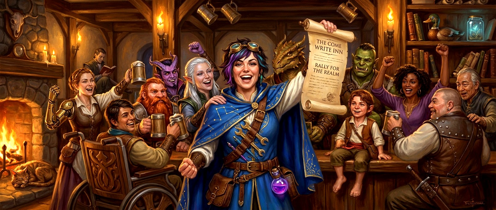 The Bartender rallying a diverse crowd of adventurers, manifesto scroll raised in a torch-lit great hall — Black Belt Bots Epic Engagement Manifesto