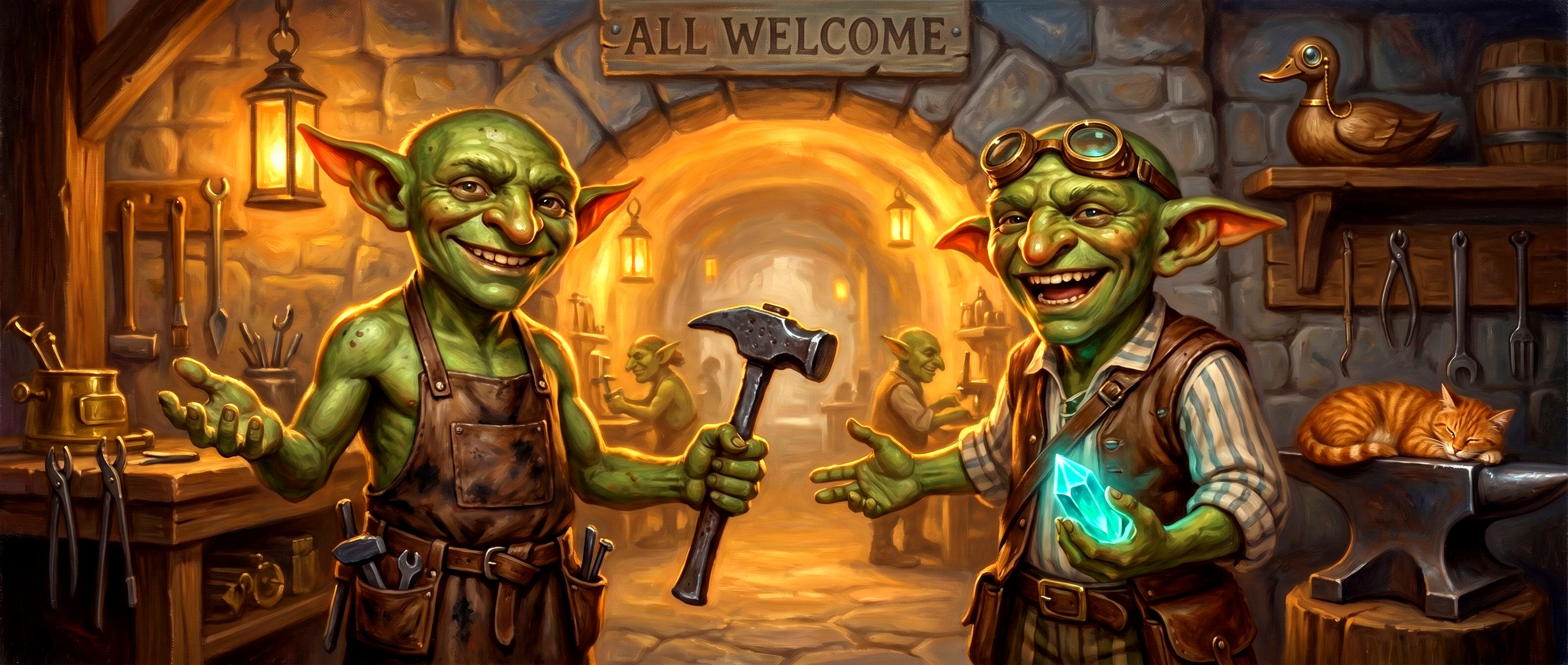Two friendly goblins welcoming visitors at the lantern-lit threshold of The Goblin Mine — the visual world of NO BS AI&trade;
