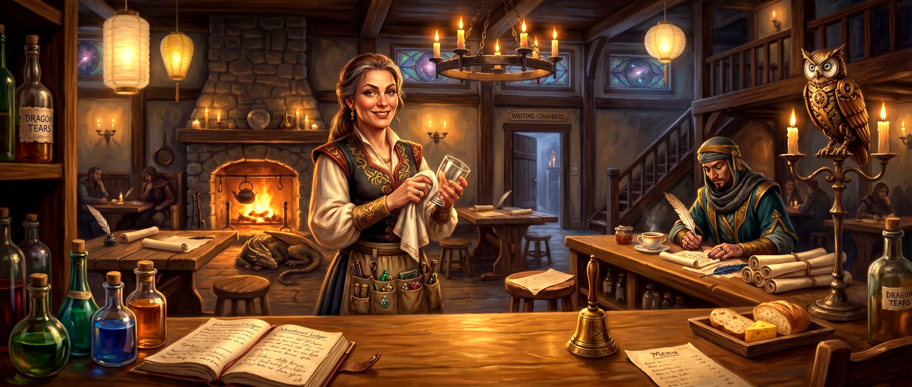 The Barkeeper, Scribbling Sensei, and Professor Hoot inside The Come Write Inn&trade; — RJ Redden's medieval-magical tavern world