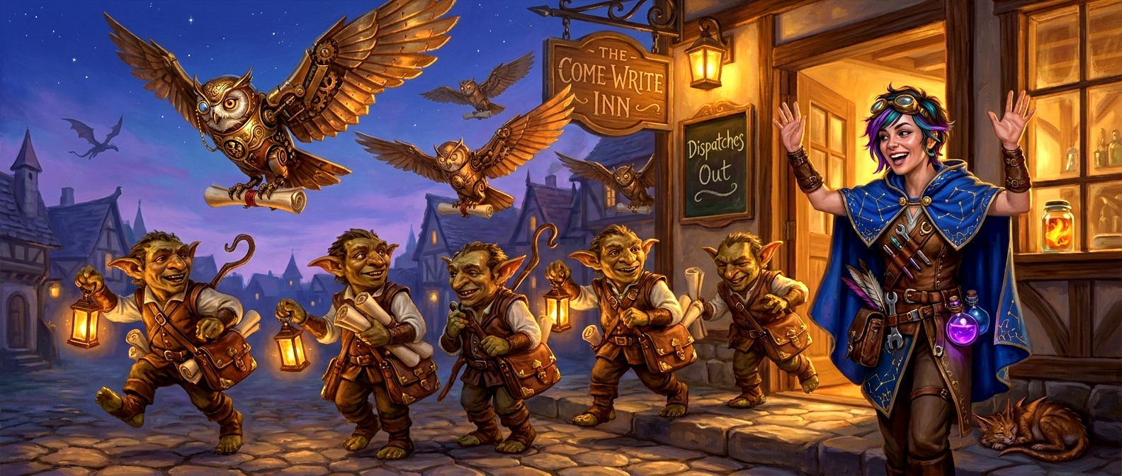A flock of clockwork owls led by Professor Hoot wings overhead carrying dispatches from The Come Write Inn at twilight