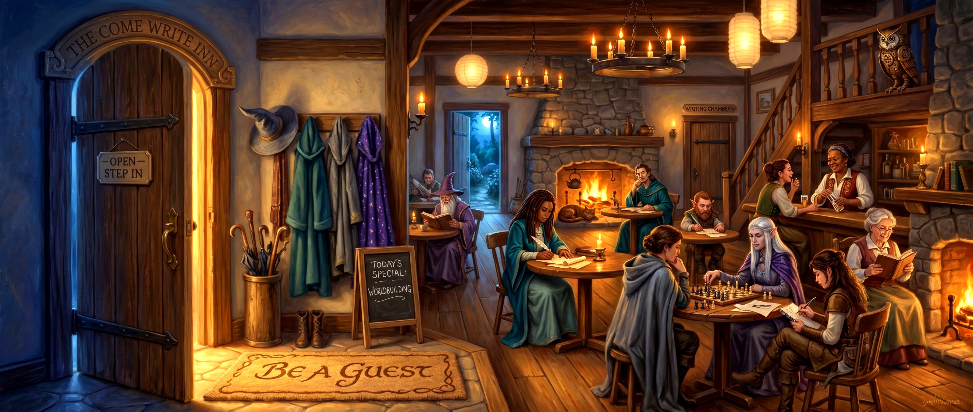 Step through the doorway of The Come Write Inn&trade; — RJ Redden's medieval-magical tavern world, with a BE A GUEST rug at the threshold