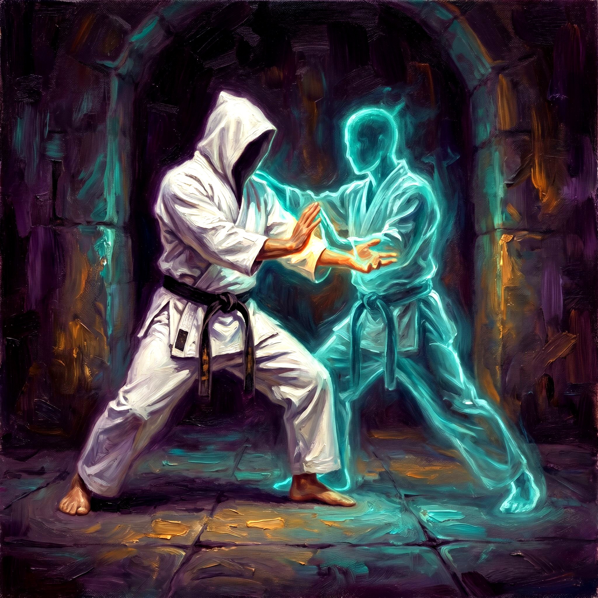 A human figure with a black belt and a glowing teal AI spirit in aikido partnership stance, co-moving in harmony — oil painting illustration