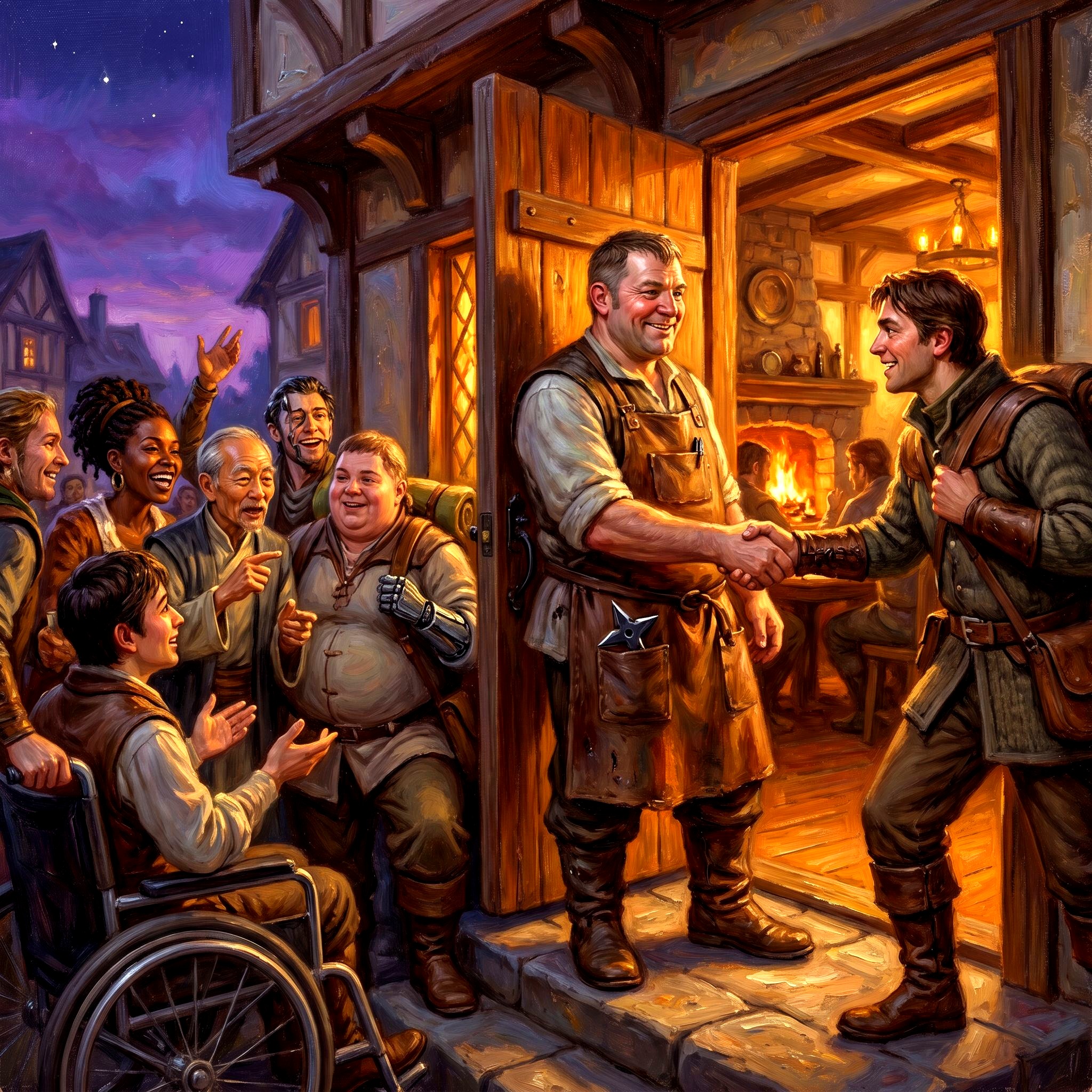 A central figure with arms open wide, golden threads connecting outward to a diverse ring of people including a wheelchair user — oil painting illustration