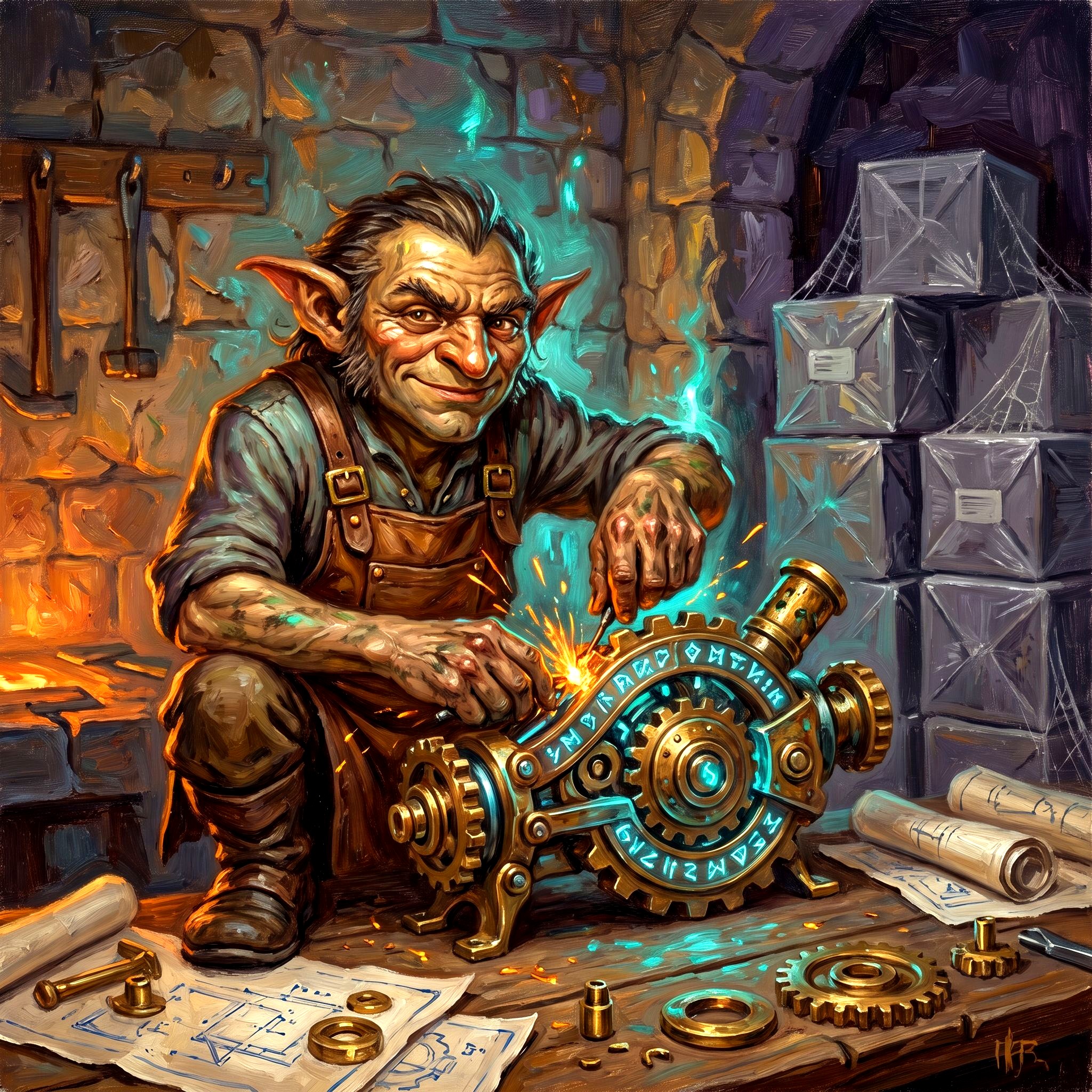 A goblin inventor assembling a glowing custom mechanism while dusty off-the-shelf boxes gather cobwebs in the corner — oil painting illustration