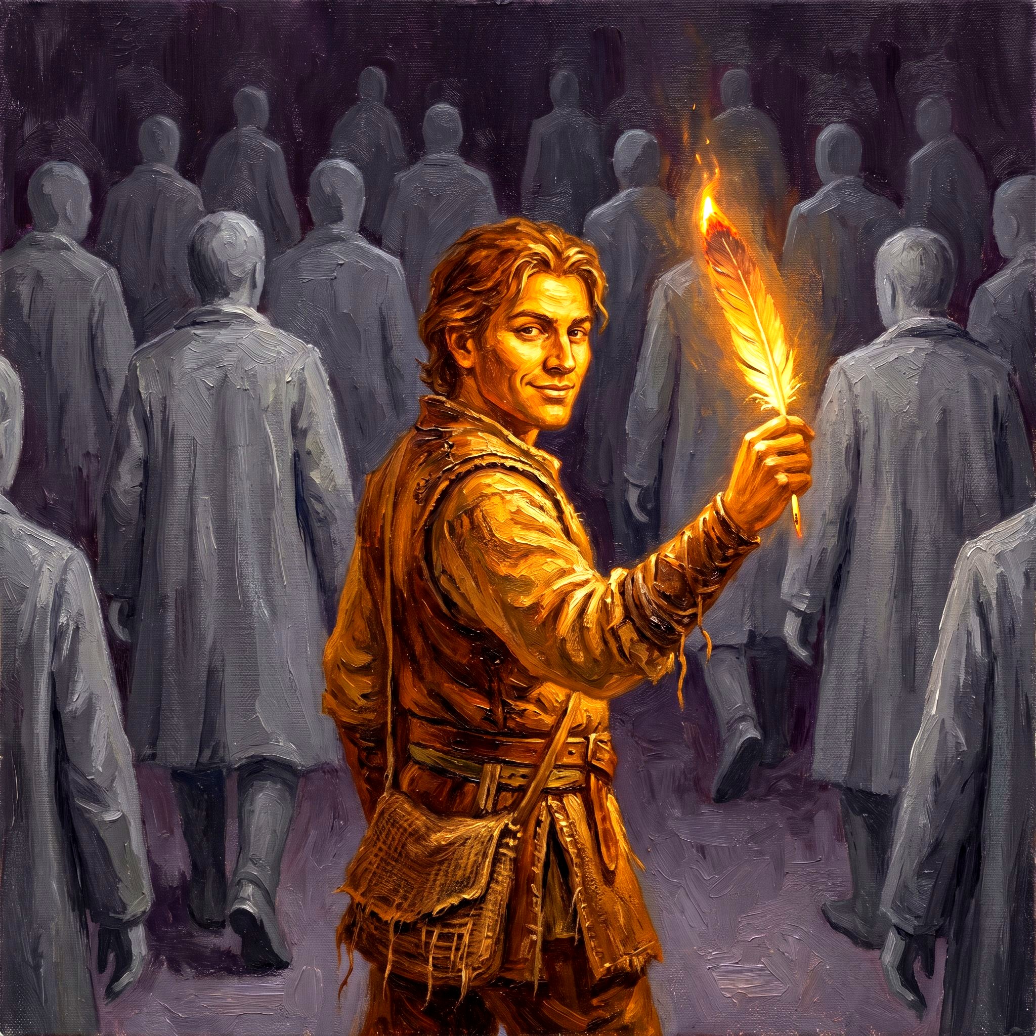 A single amber-glowing figure holding a luminous quill pen faces the viewer while a grey crowd turns away — oil painting illustration for Voice Uniqueness