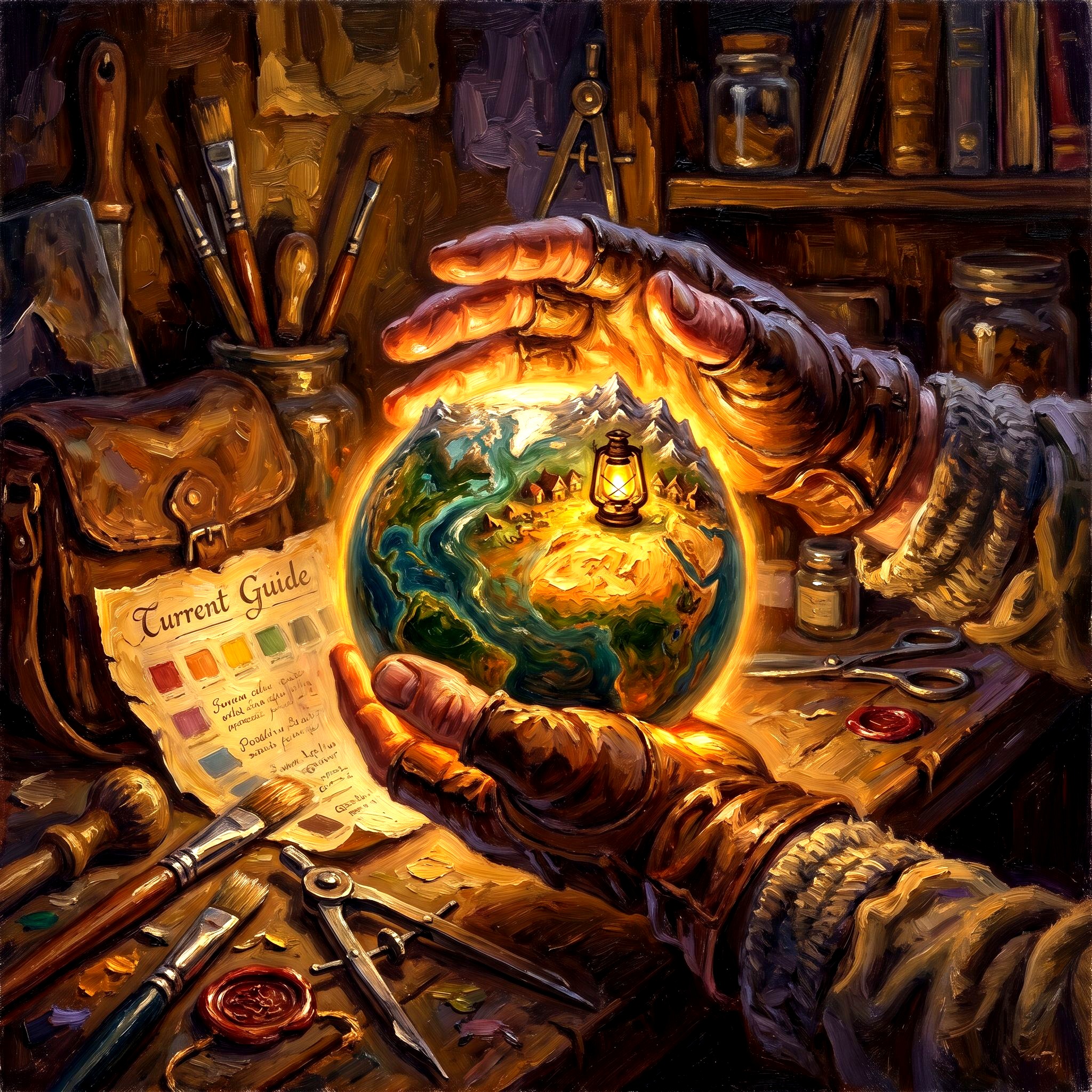 A craftsperson's hands cradling a glowing miniature world — oil painting illustration for Build Worlds, Not Just Brands